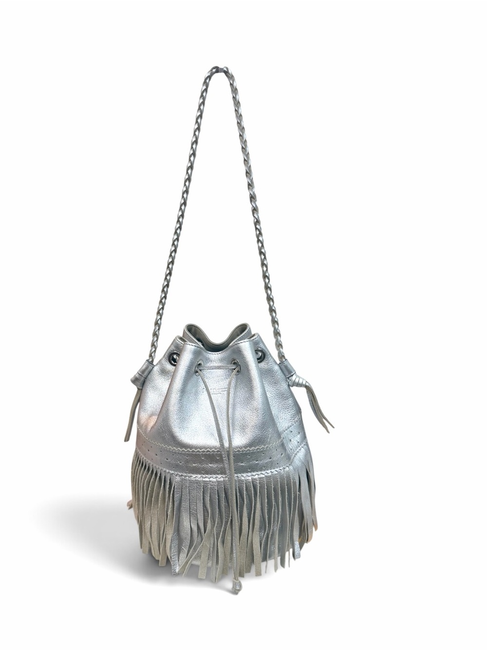 J&M Davidson Fringe Carnival Silver Bucket Shoulder Bag